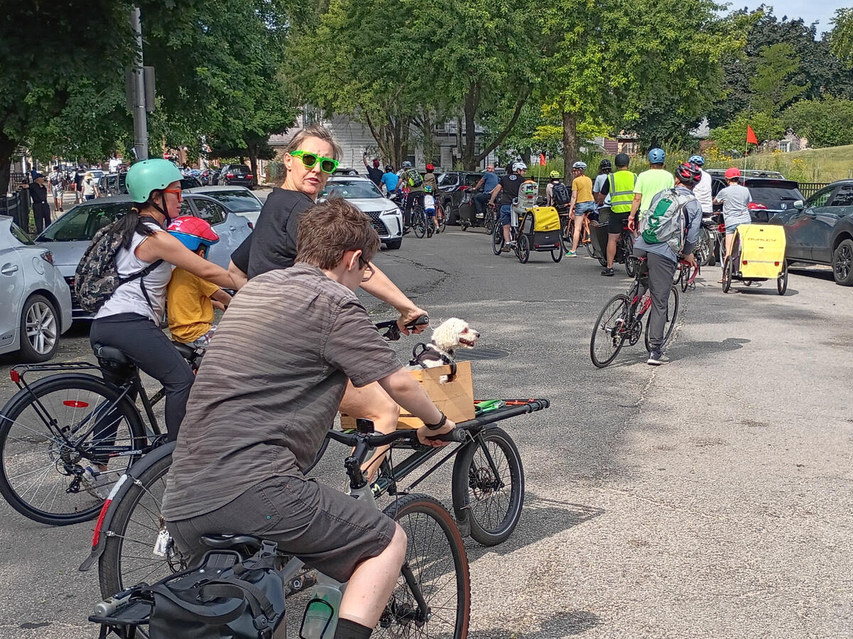 A mixed group of kids in adults on many bikes on a curved street